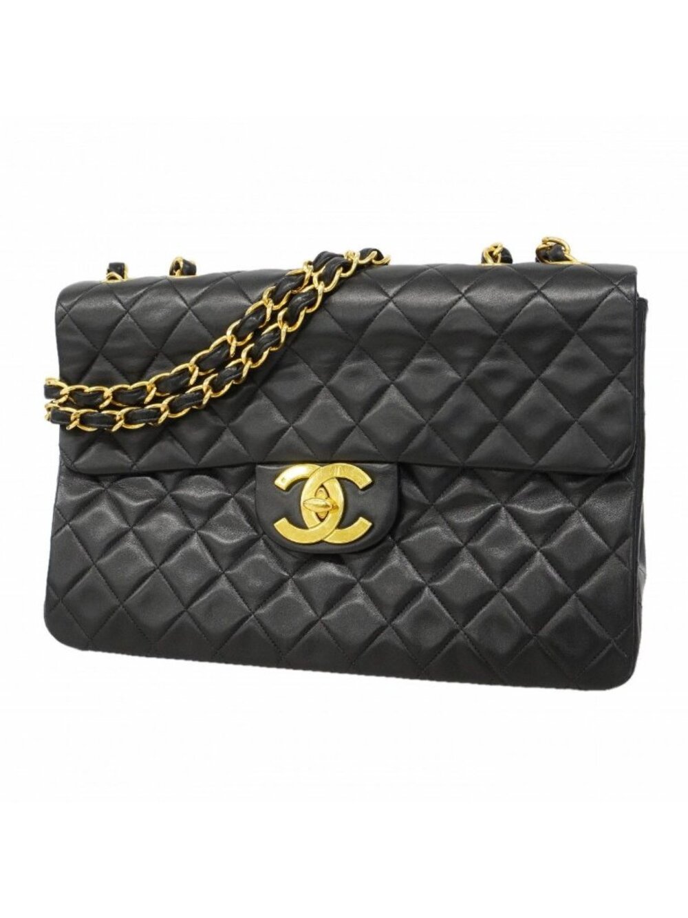 Chanel Shoulder Bag Maxi Quilted Lambskin Black Gold